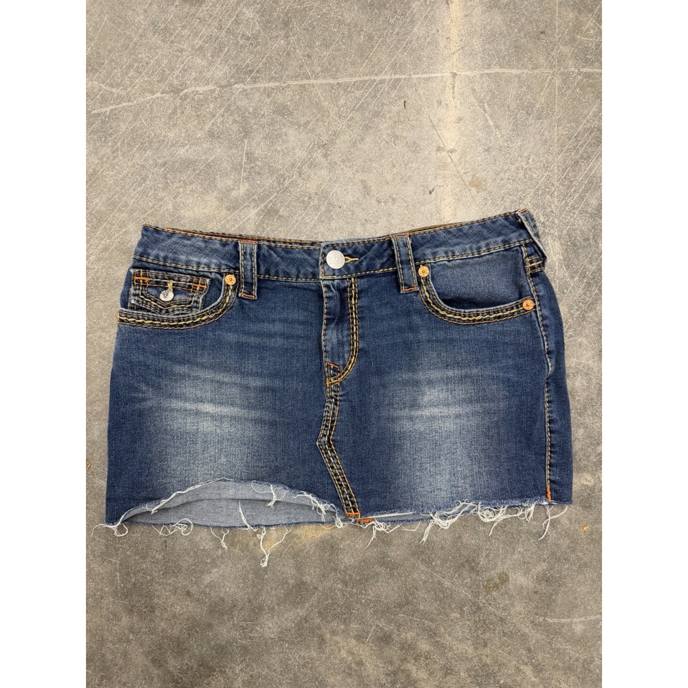 True Religion Sadie Denim Jean‎ Cut-Off Raw Hem Fringe Mini Skirt Sz 29